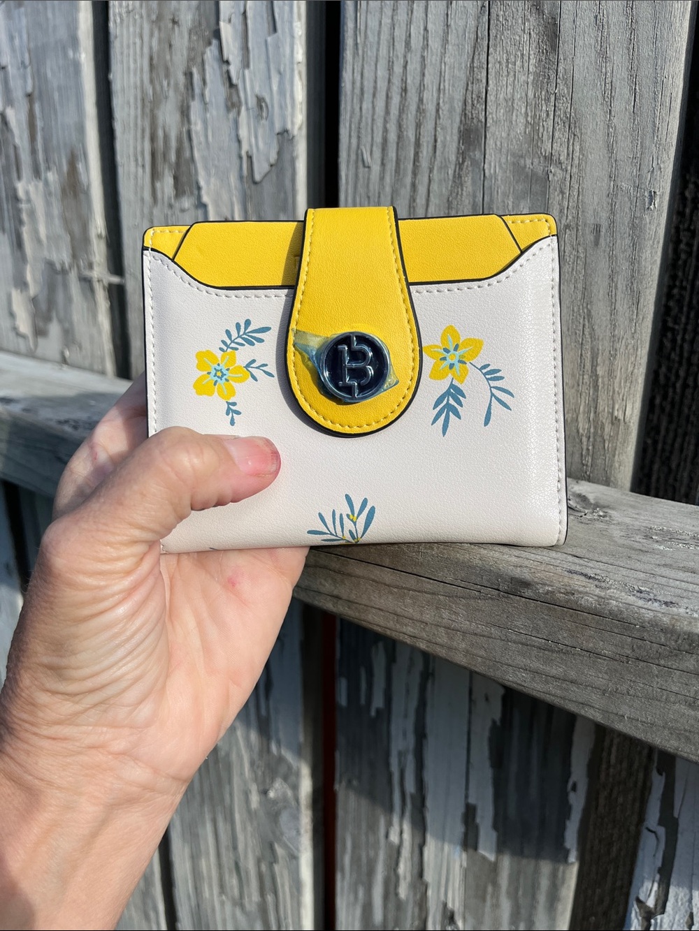 Cream and Yellow Floral Wallet with Polished Turn-Lock